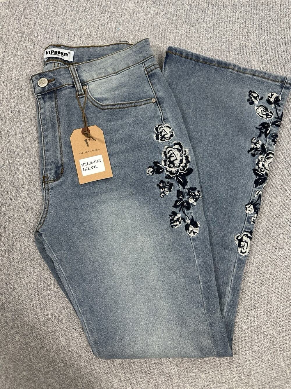 VIPHONEY PL-1149X Jeans Women’s High Rise Floral Embroidered Stretch Size 32x30